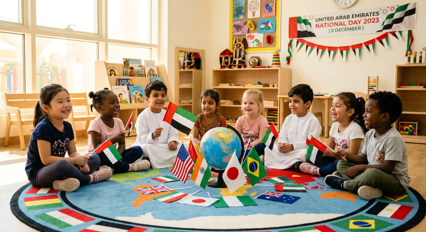 Children from many nationalities sitting around a globe and flags of the world