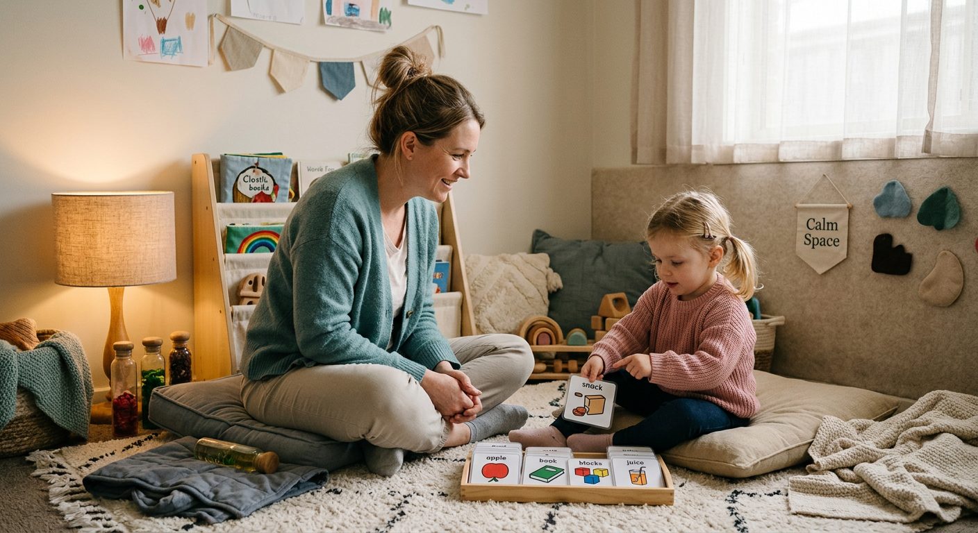 An educator sitting at eye level with a child in a calm sensory-friendly nook